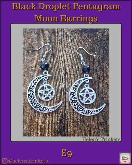 Black droplet pentagram moon earrings