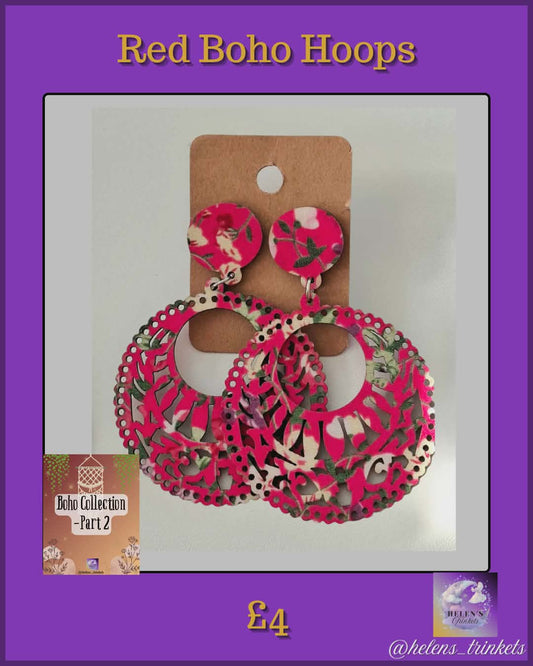 Red Floral Boho Hoops