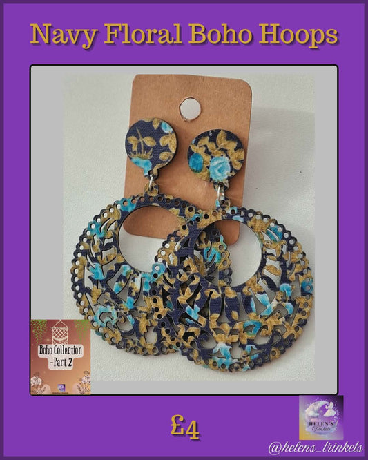 Navy Floral Boho Hoops