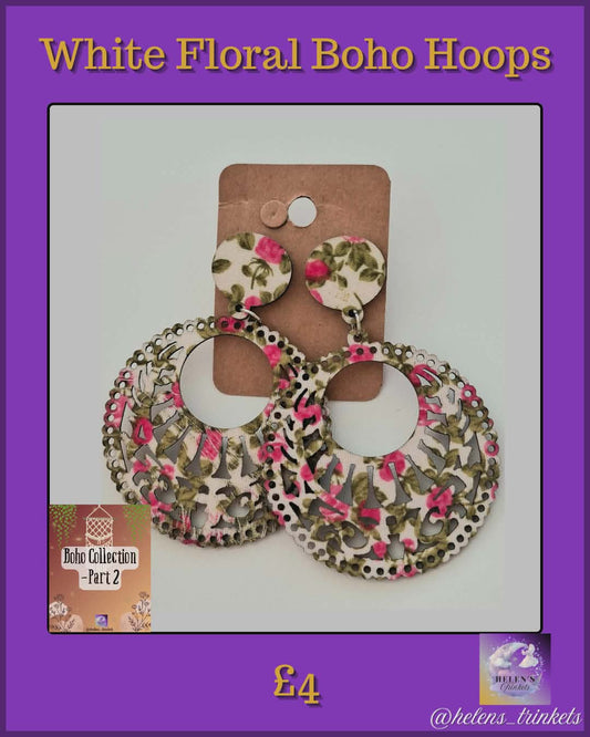 White Floral Boho Hoops